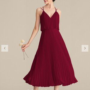 A-line V-Neck Tea-Length Chiffon Burgundy Bridesmaid Dress With Pleated